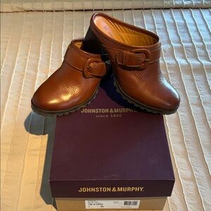 Johnston & Murphy buckle cognac calfskin clog